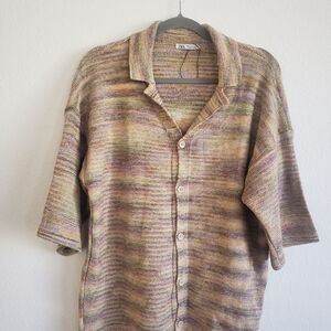 Zara Striped Knit Button-Up Shirt